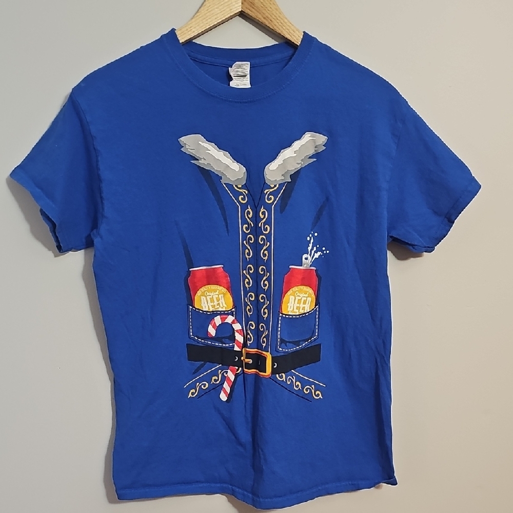 Festive Elf Santa Beer Blue Graphic Tee Size Medium